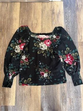 LOFT Floral Puff Sleeve Crop Blouse Black Cottagecore Top Size Large